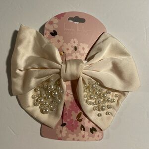 Nicole Miller Wedding Hair Bow Clip, Champagne Color w Faux Pearls 7.5”x 5” New